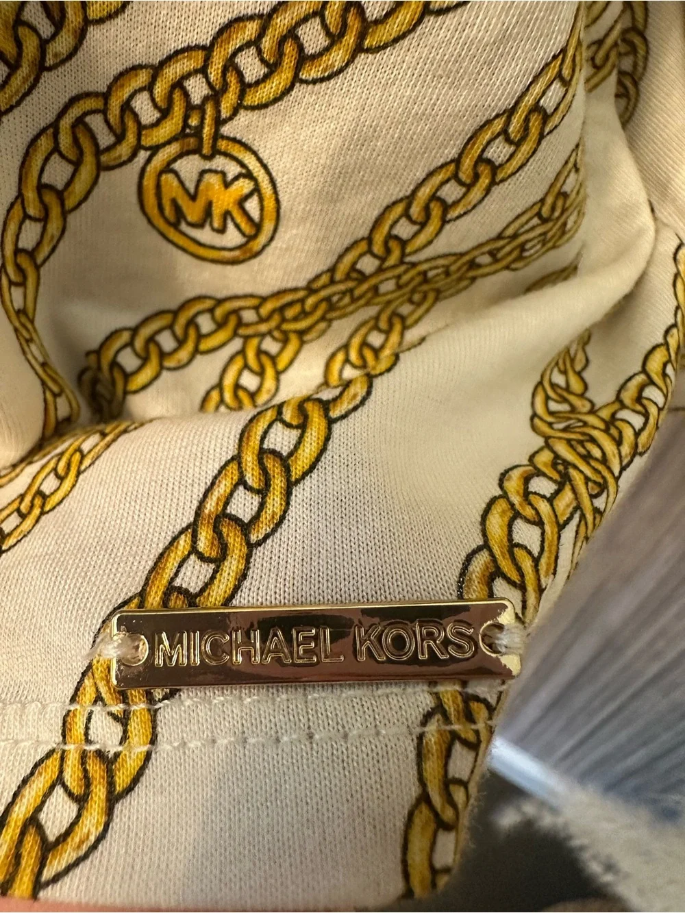 Michael Kors Chain Print Bell Sleeve Top White Gold Modal Blend Size Large